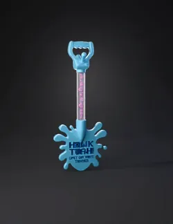 blue translucent spitting toy with pink liquid inside a vertical tube