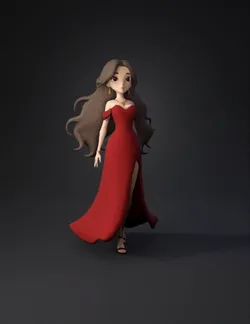 female character in red evening gown with long flowing hair and gold a