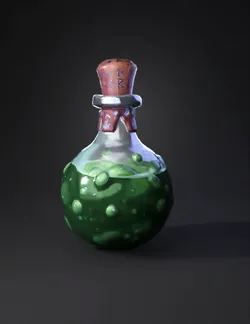 green fantasy potion bottle with cork bubbling liquid glass vessel w