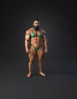 muscular bodybuilder in green bikini defined abs and thighs skin ton