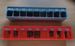 Spacesaving Gridfinity 5(9)x1 container for M2 and M3 screws, nuts, washers and locks