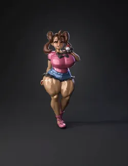 stylized female character with brown hair in a pink top and blue short