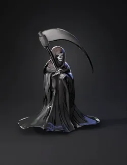 grim reaper figure in hooded cloak holding a scythe skeletal hands vi
