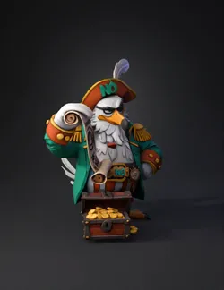 cartoon pirate eagle character with treasure map and open chest of coi