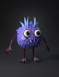 purple spiky creature with large round eyes blue spikes and slender