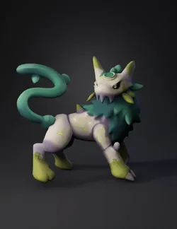 quadruped mythical creature with leafy mane gray body and lime green