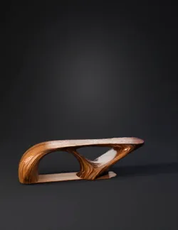 wooden sculptural bench with flowing curved legs in brown wood grain