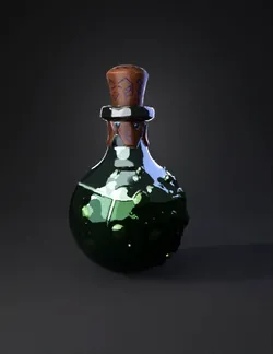 stylized glass potion bottle with green liquid and cork stopper decor