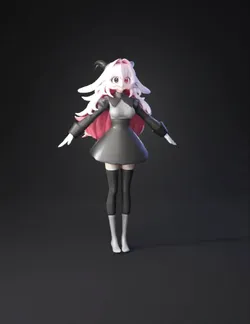 demon girl character with pink hair and horns wearing a gray and black