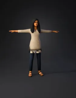 low poly female character with beige tunic and blue jeans brown sanda