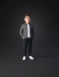 stylized human figure with gray jacket white shirt navy pants and wh