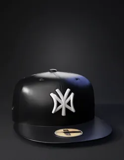 black baseball cap with white NY logo and script texture