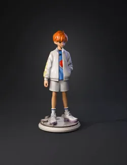 stylized character action figure with orange hair white jacket blue