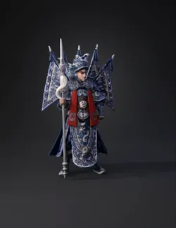ornate dragon armor costume with blue and white embroidery red sashes