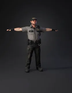security guard character wearing gray uniform shirt and black cargo pa