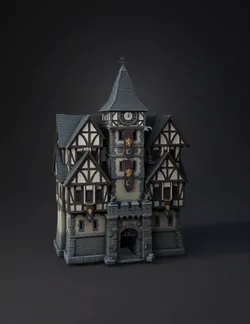 stone medieval castle with timber framed walls banners towers and ar