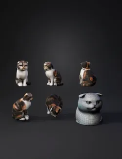 calico cat model with fur texture and polygonal mesh