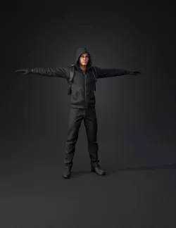 Create an ultra realistic full body 3D male hacker character standing