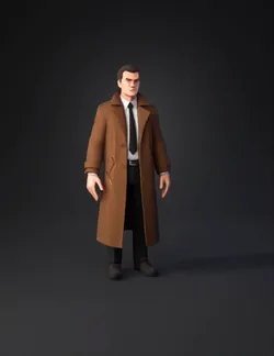 detective character in trench coat with brown coat black pants white