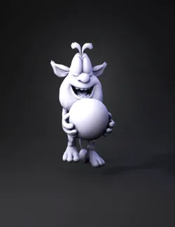 fluffy cartoon creature holding glowing sphere with wide smile white