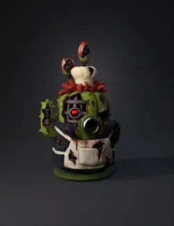 mutant plant creature with rusted armor green body red eye spiky le