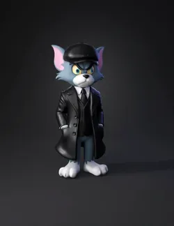 anthropomorphic cat in suit with hat gray body black coat white muz