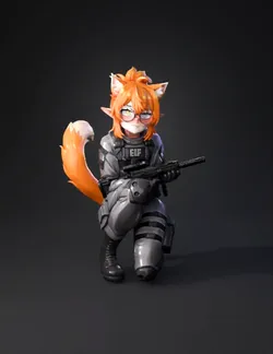 anthropomorphic fox wearing tactical gear and holding a rifle in a for