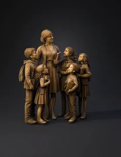 bronze statue of a teacher surrounded by children on a circular pedest