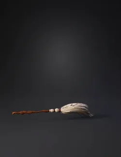brown wooden magic wand with twisted carved handle and white tassel c