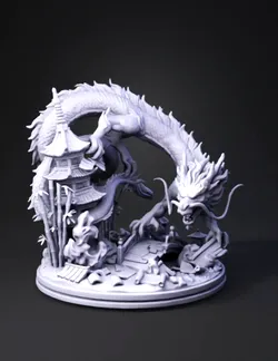 dragon sculpture with pagoda bamboo and ornate base featuring a curli