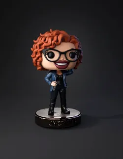Michelle figurine with brown curly hair oversized black glasses blue