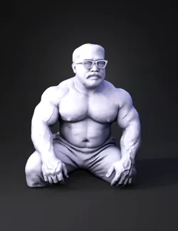 muscular male character with defined torso and arms wearing grey swea