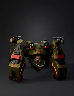 giant olive green mech with cockpit and humanoid pilot red and gold a