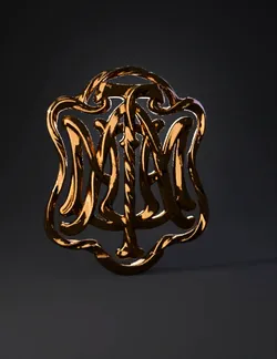 golden interwoven abstract sculpture with a polished metal surface and
