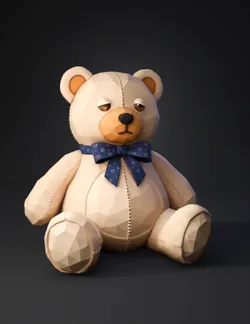 beige plush teddy bear with blue bow and faceted geometric texture