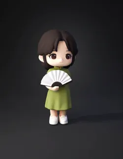 girl figurine holding a folding fan with green dress brown hair and
