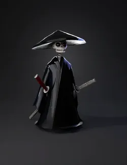 skeleton samurai character with wide brim hat black robe and two swo