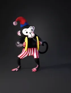 monkey performing with cymbals yellow cymbals red striped pants bla