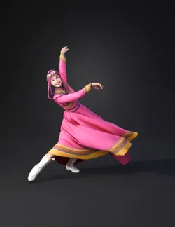 traditional dancer wearing pink dress with gold trim performing a dyna