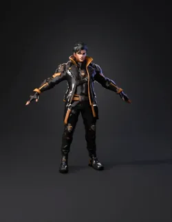 armored futuristic combat suit character with black and orange accents