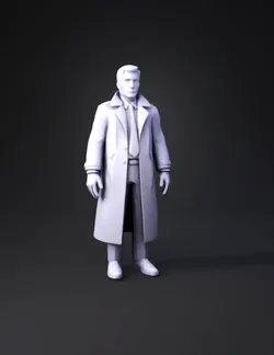 detective character in brown trench coat with white shirt and black ti