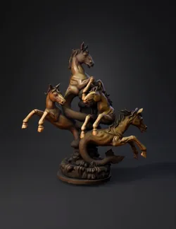 bronze horse statue depicting multiple rearing horses on a circular ba