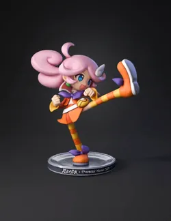 pink haired anime character figure in orange outfit performing high ki