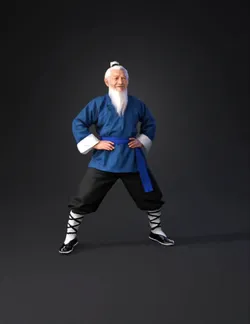 martial artist figure wearing blue gi with white cuffs and blue sash