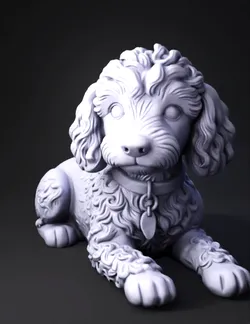 poodle statue dog figurine with blue tag and detailed textured coat