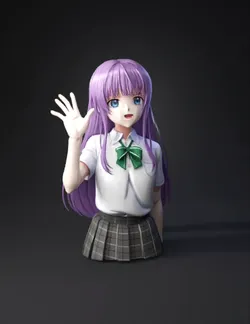 anime girl in school uniform with purple hair waving