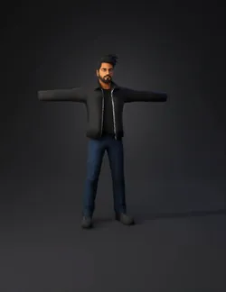 low poly humanoid character in t pose wearing black jacket and blue je
