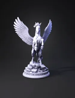 winged horse statue on rocky pedestal with detailed mane and wings be