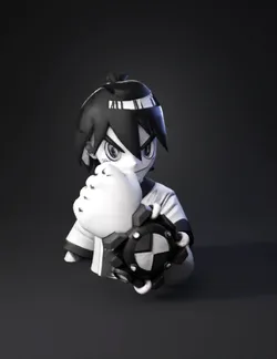 anime boy with wrist gadget featuring a circular emblem