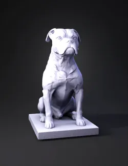 golden dog statue sculpture with reflective metallic surface on pedest